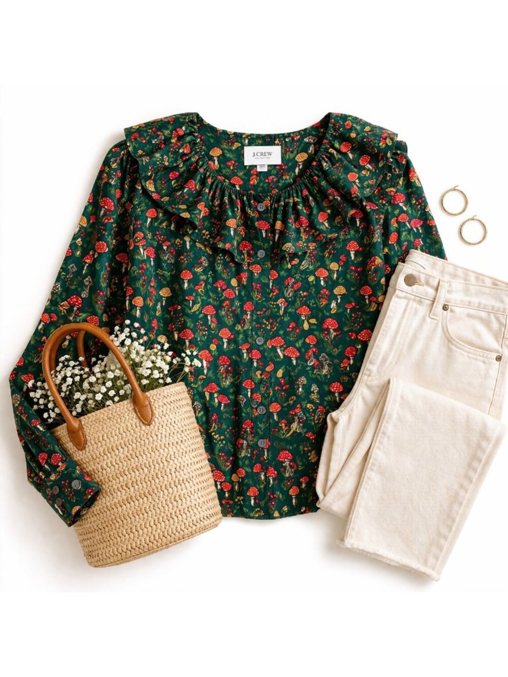 J Crew Collection NWOT Silk Mushroom Print Ruffle Blouse Green XL Cottagecore - Picture 5 of 16